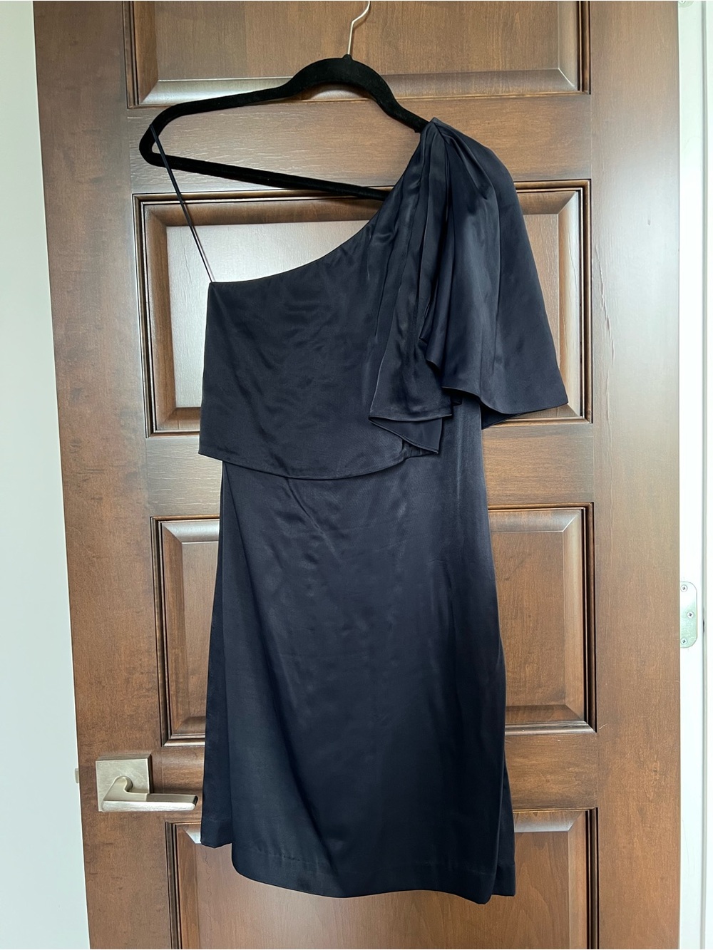 Reiss One-Shoulder Black Satin Dress with Draped Sleeve